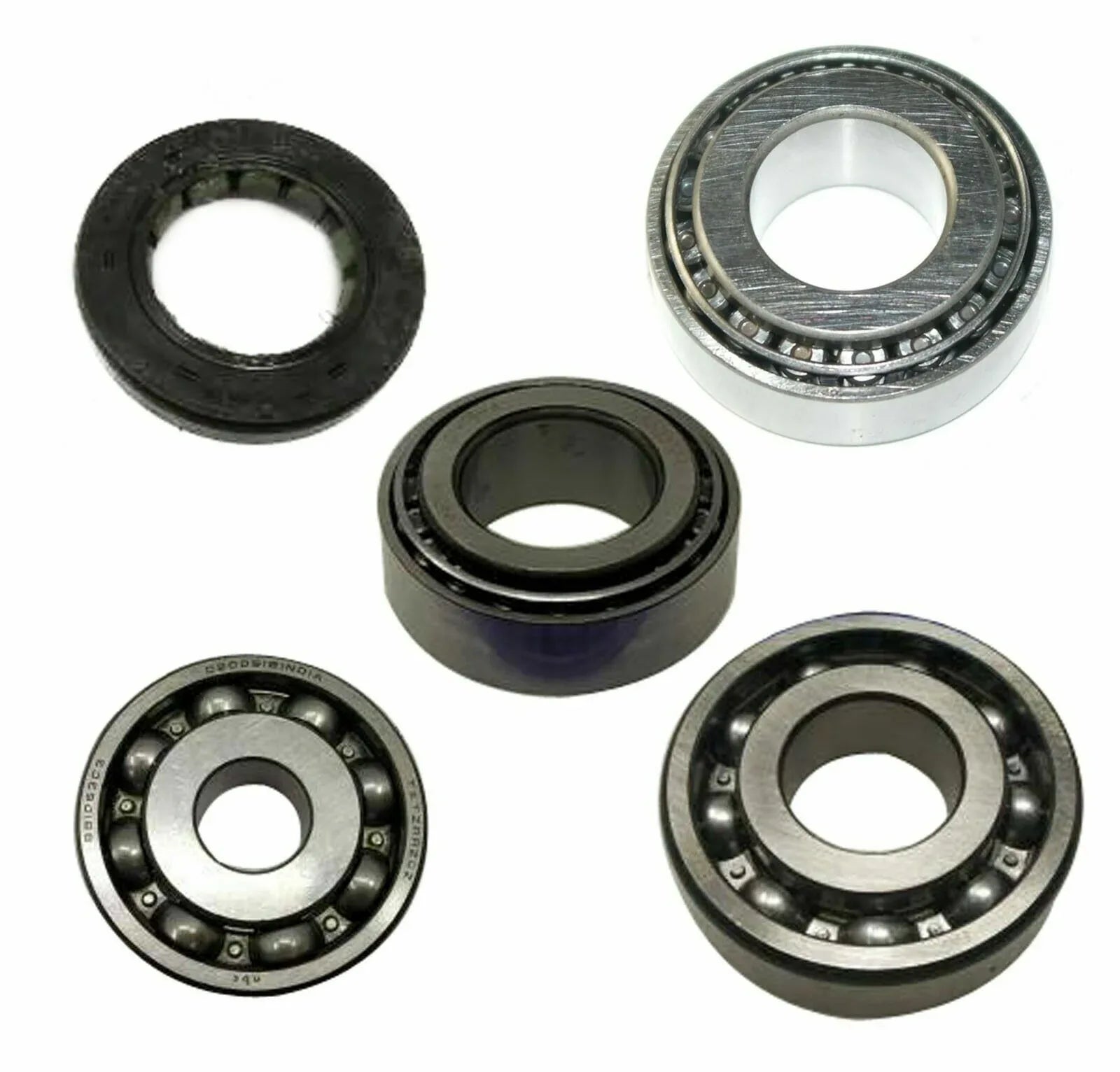 Gearbox bearing service kit set of five, metal ball bearings and rubber seal.