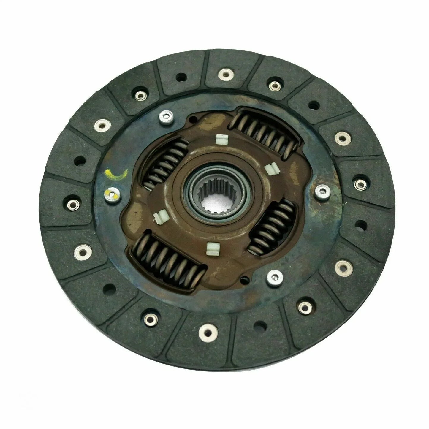 Disc clutch friction plate with rivets, springs, and splined hub, dark gray metal