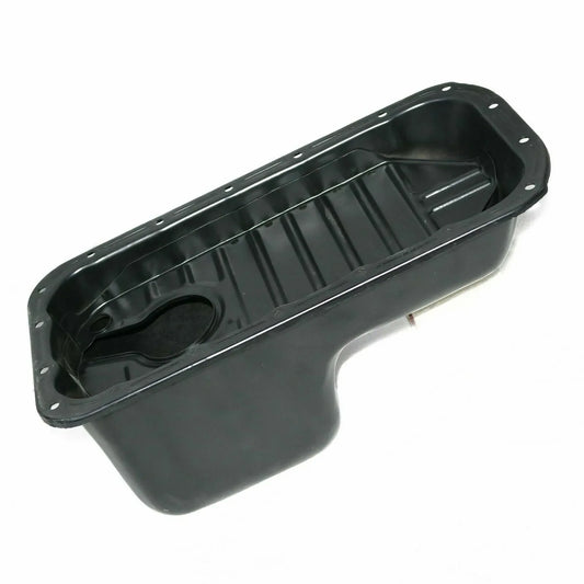 Engine oil sump pan, black metal with mounting bolt holes