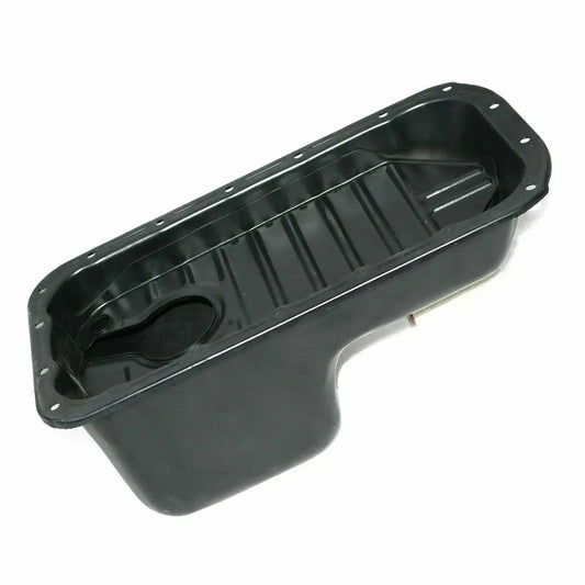 Engine oil sump pan, black metal with mounting bolt holes
