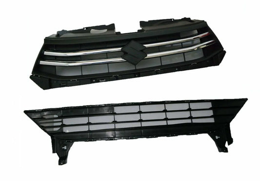 Front radiator grille panel set in black with upper and lower bars
