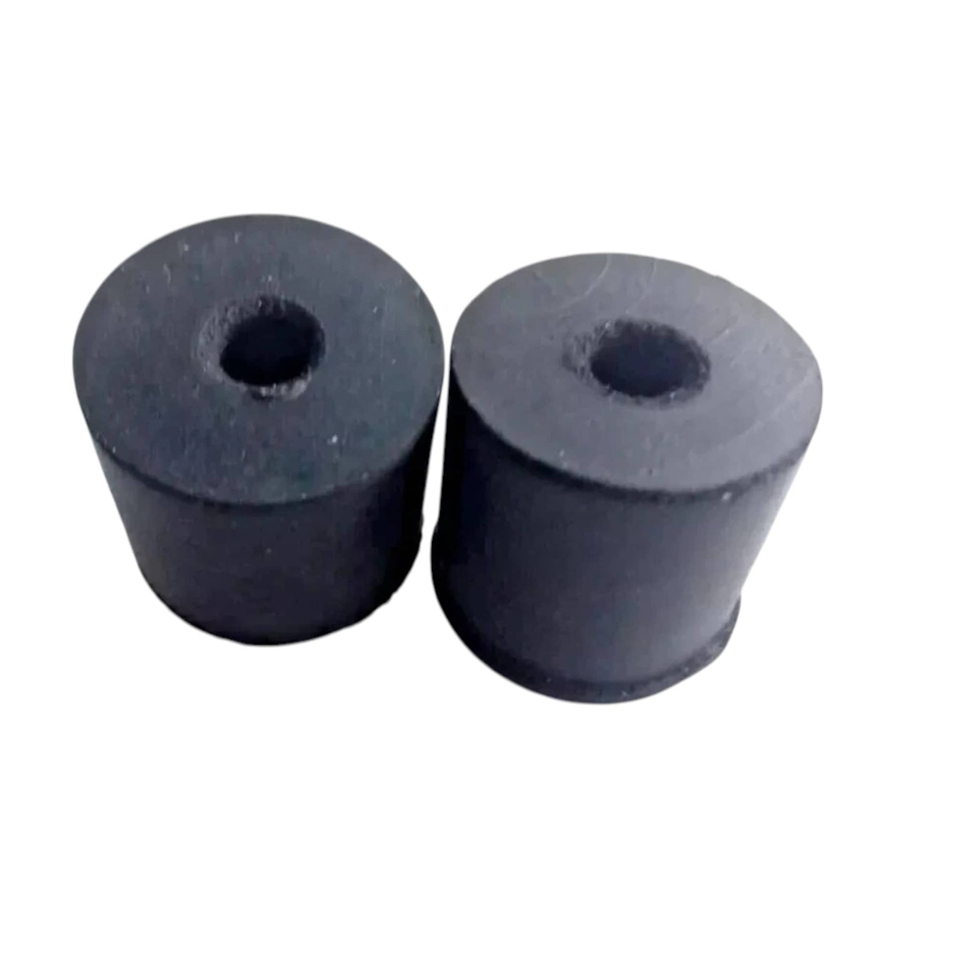Two rubber grommets with round holes, dark black finish