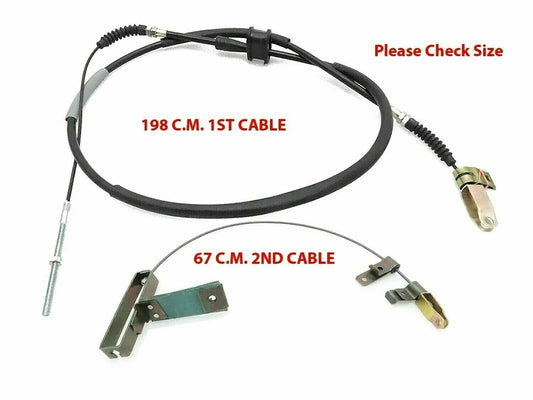 Parking hand brake cable set with two black cables, metal clips and adjuster ends