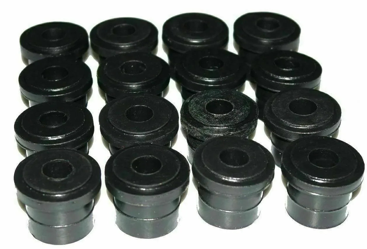 Leaf spring bushing rubber kit with black rubber bushings and gray metal sleeves