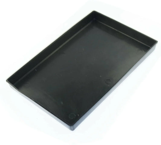 Black battery tray with raised edges and flat base