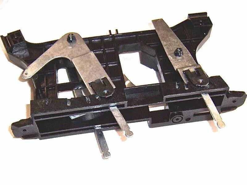 Heater ventilator control assembly, black plastic bracket with metal pins and mounting holes