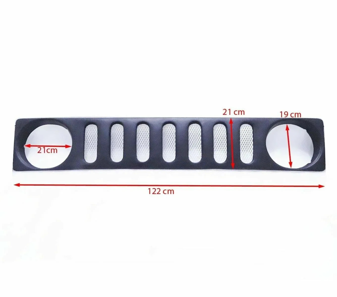 Black front grille for SUV, with vertical oval slat openings and center divider