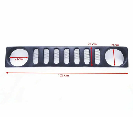 Black front grille for SUV, with vertical oval slat openings and center divider