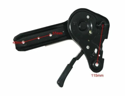 Black seat recliner latch handle assembly with mounting points