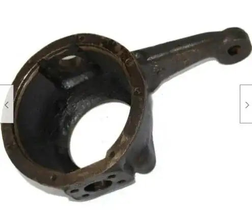 Left steering knuckle assembly, dark metal with circular bearing hub and bolt holes