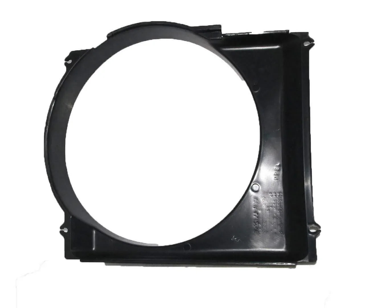 Black plastic radiator fan cover with circular opening and mounting tabs
