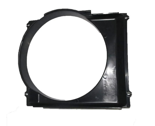 Black plastic radiator fan cover with circular opening and mounting tabs
