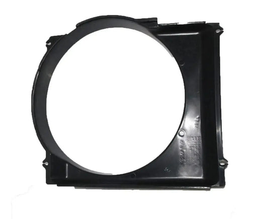 Black plastic radiator fan cover with circular opening and mounting tabs