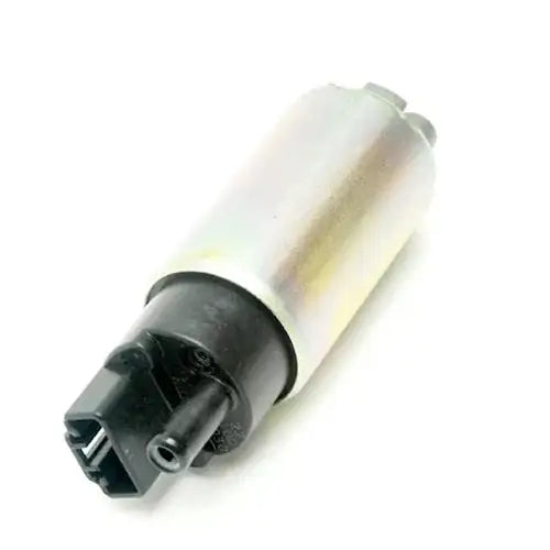 Electric fuel pump with cylindrical metal body and black electrical connector