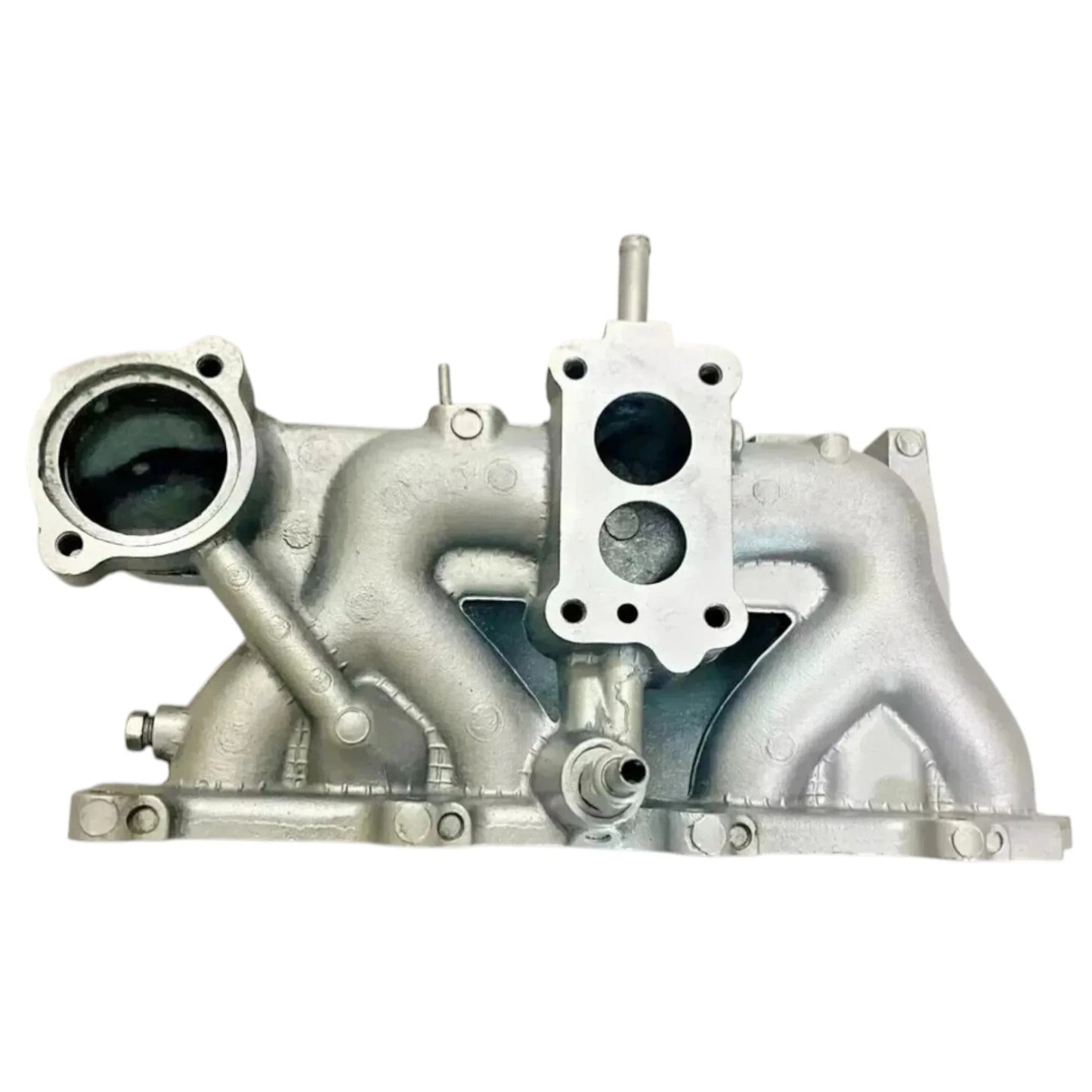 Intake manifold set, silver metal with circular throttle opening and vacuum outlet