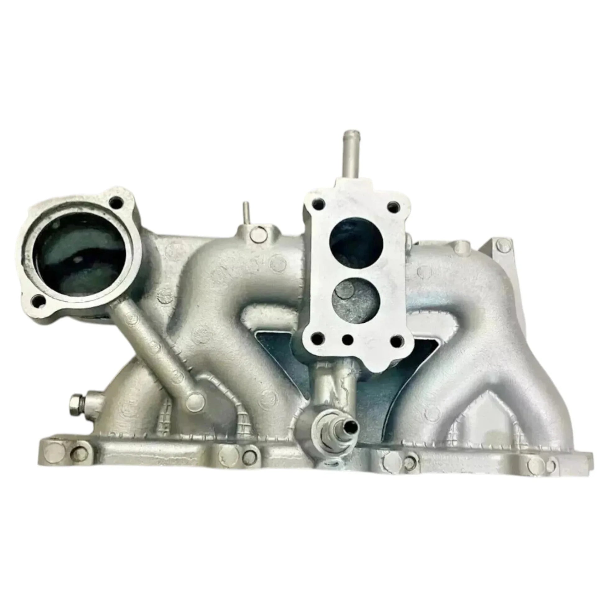 Intake manifold set, silver metal with circular throttle opening and vacuum outlet
