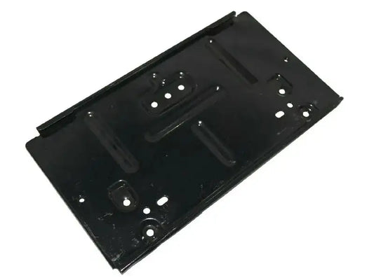 Black license plate mounting bracket with holes and screw points