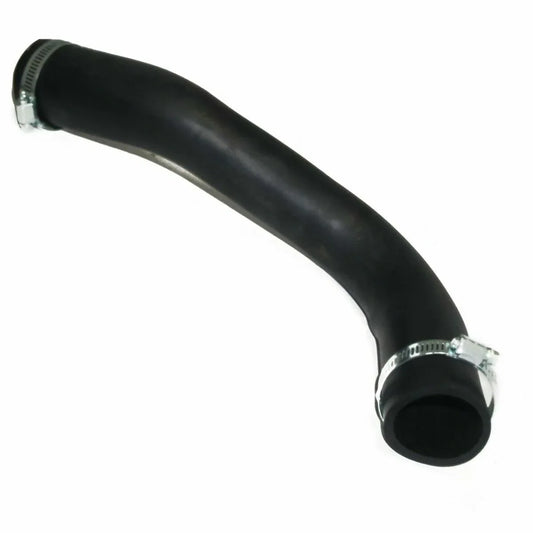 Fuel tank filler hose inlet pipe with metal clamp, dark rubber, curved end