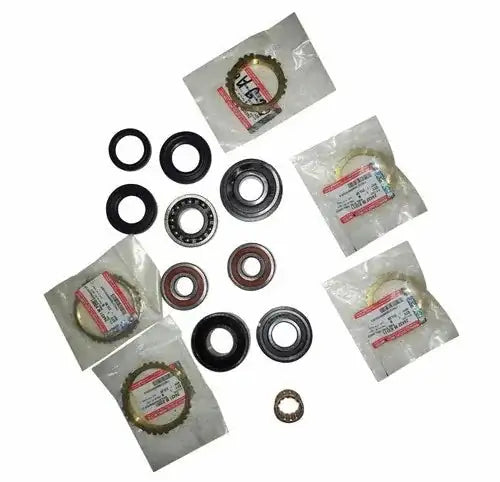 Manual transmission rebuild kit parts: seals and bearings with bags, assorted black and metal