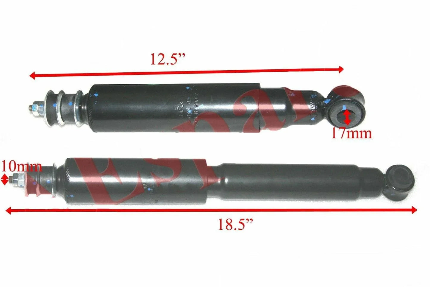 Front suspension shock absorber with mounting hardware, red/black body, extended length view