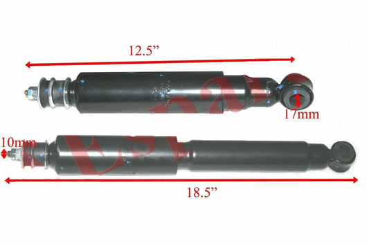 Front suspension shock absorber with mounting hardware, red/black body, extended length view