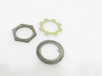Metal clutch lock washer and nut set: hex nut, split ring washer, toothed lock washer