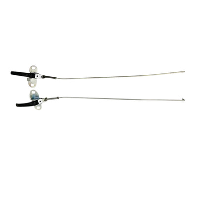 Interior door latch assembly pair with black levers and silver mounting brackets