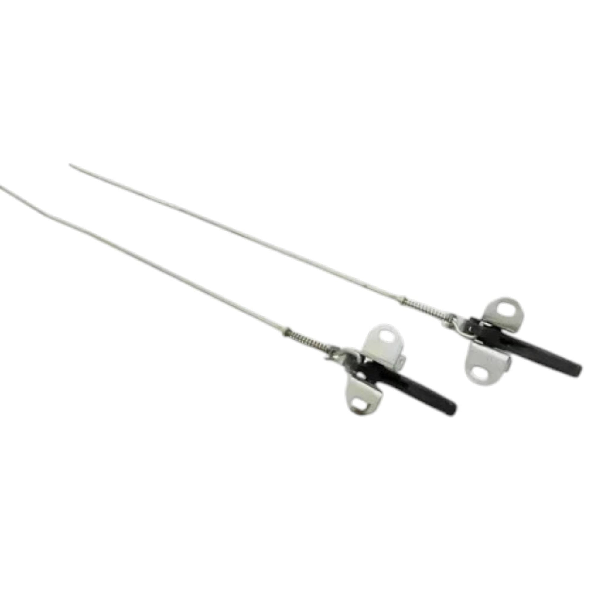 Interior door latch assembly pair with black pull levers and metal rods