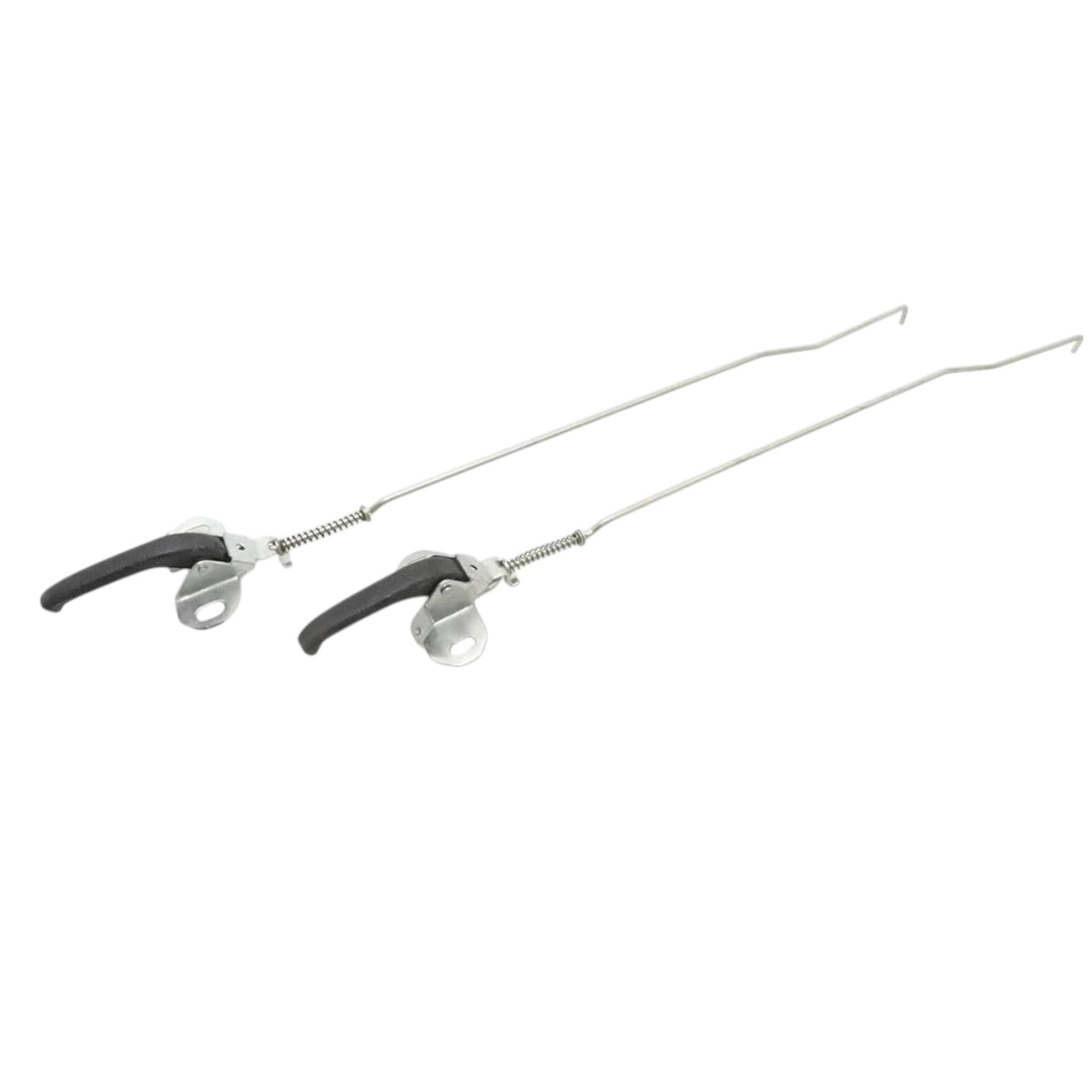 Interior door latch assembly pair with black handle levers and long metal rods