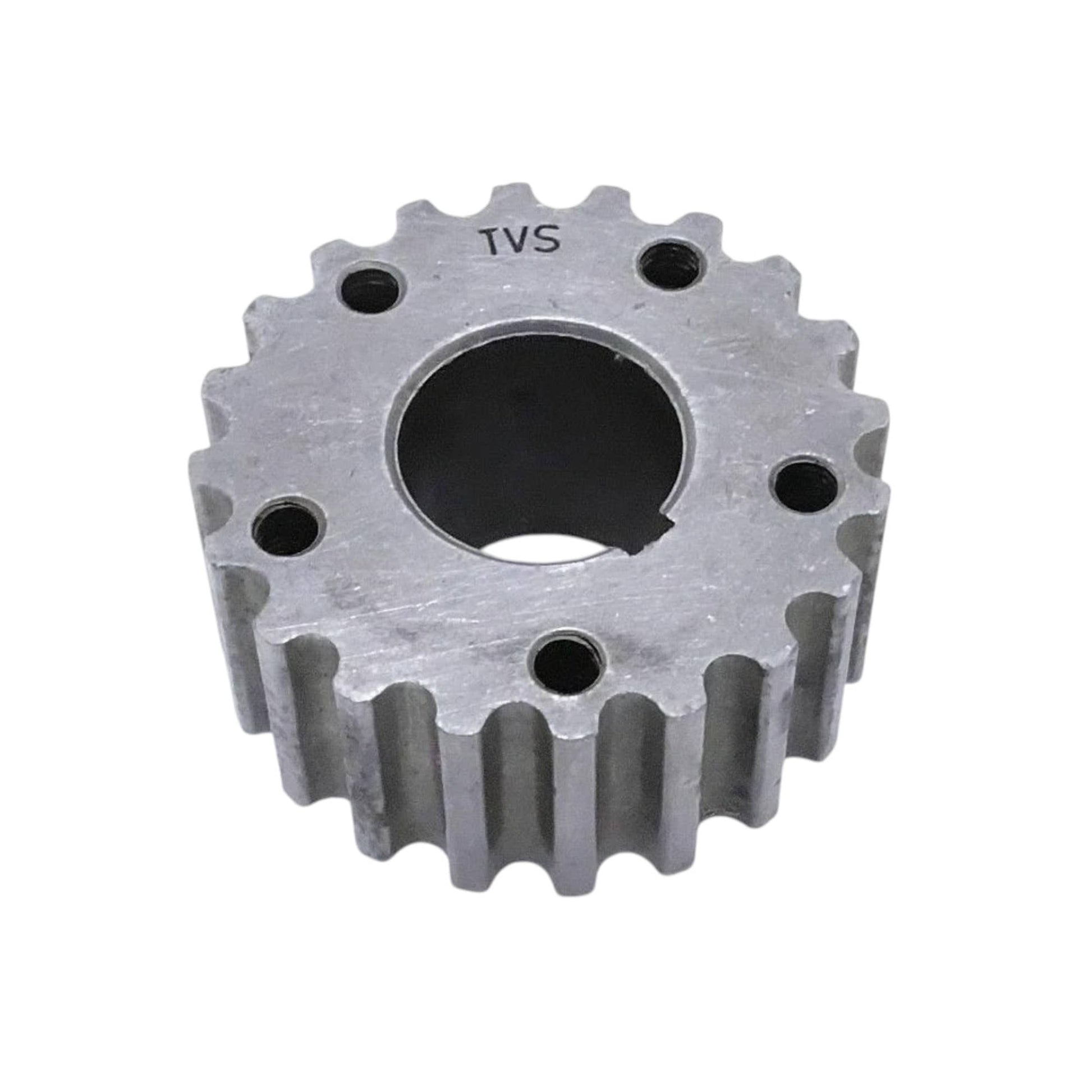 Metal timing gear sprocket with large circular opening and mounting holes