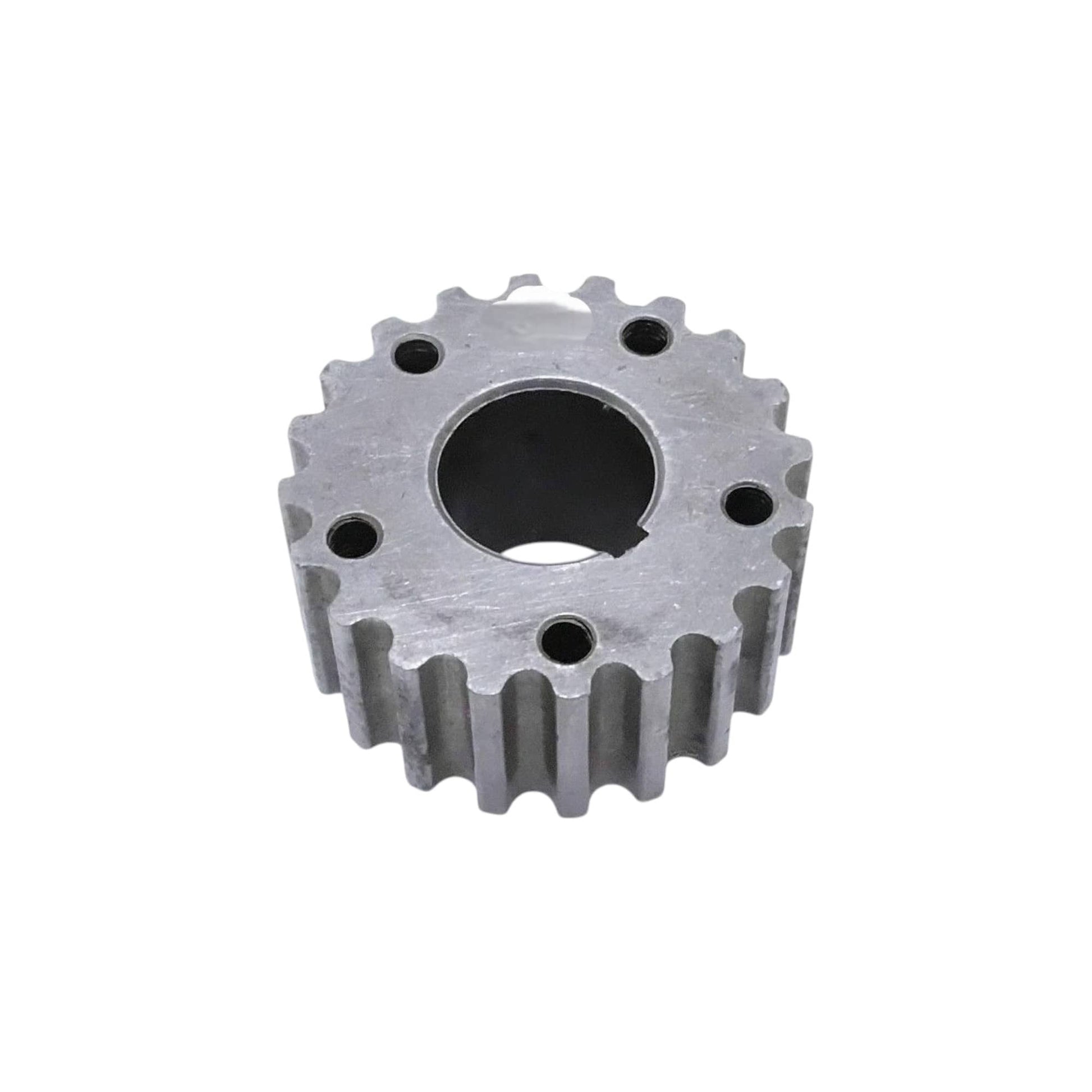 Metal timing gear sprocket with central bore and outer teeth, single piece