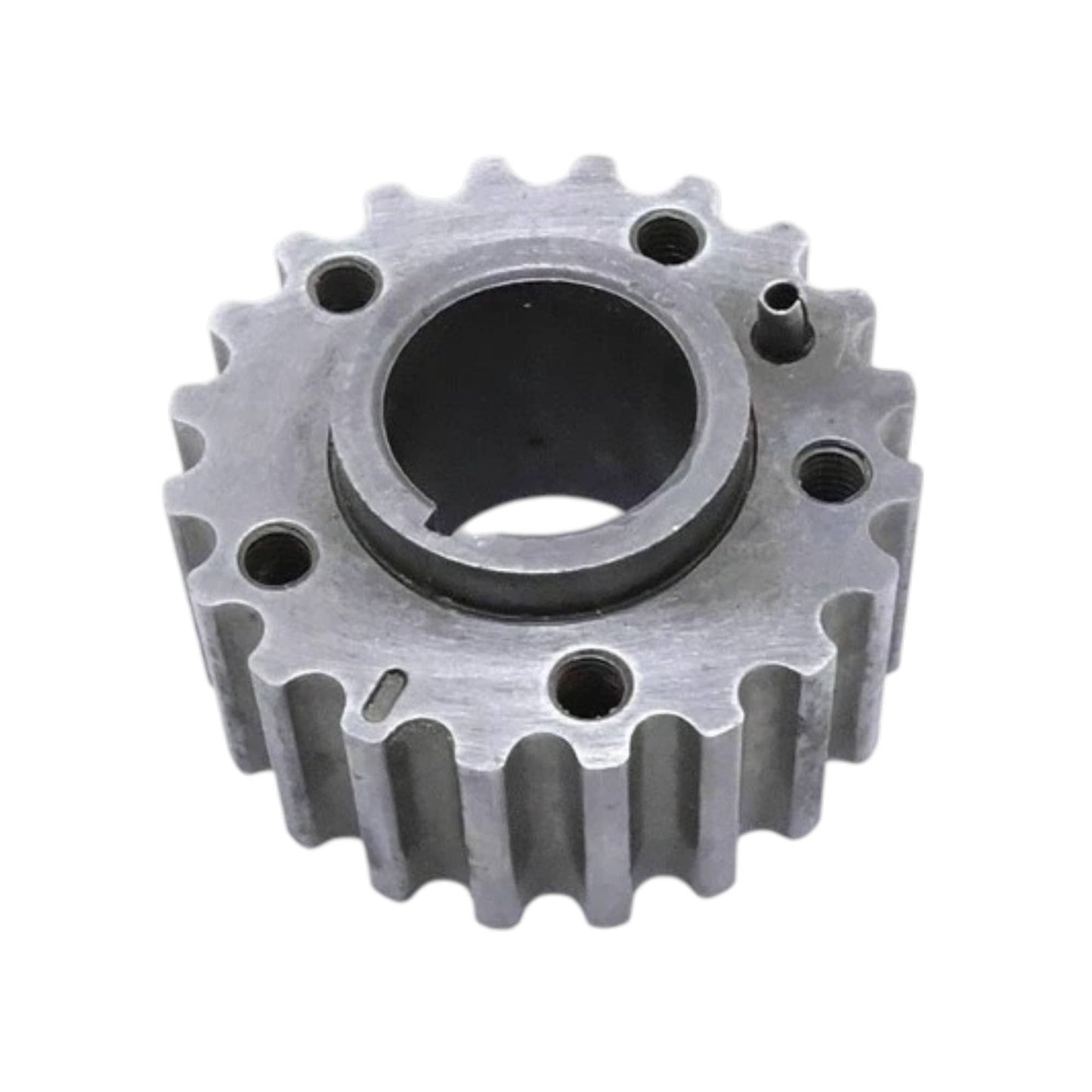Metal timing gear sprocket with beveled ring, inner bore, and bolt holes