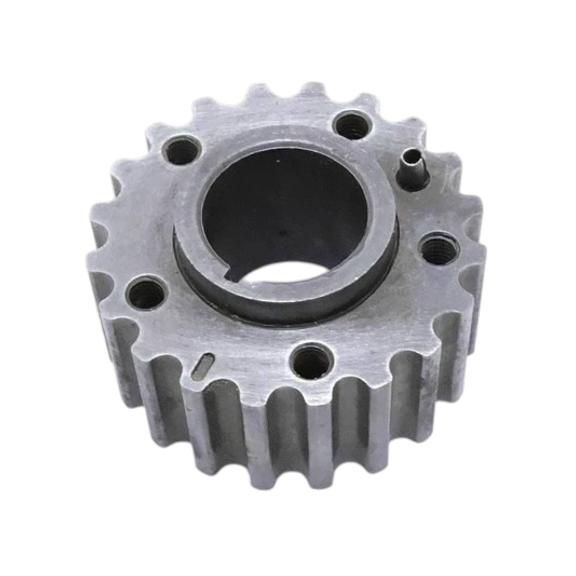 Metal timing gear sprocket with beveled ring, inner bore, and bolt holes