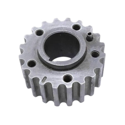 Metal timing gear sprocket with beveled ring, inner bore, and bolt holes