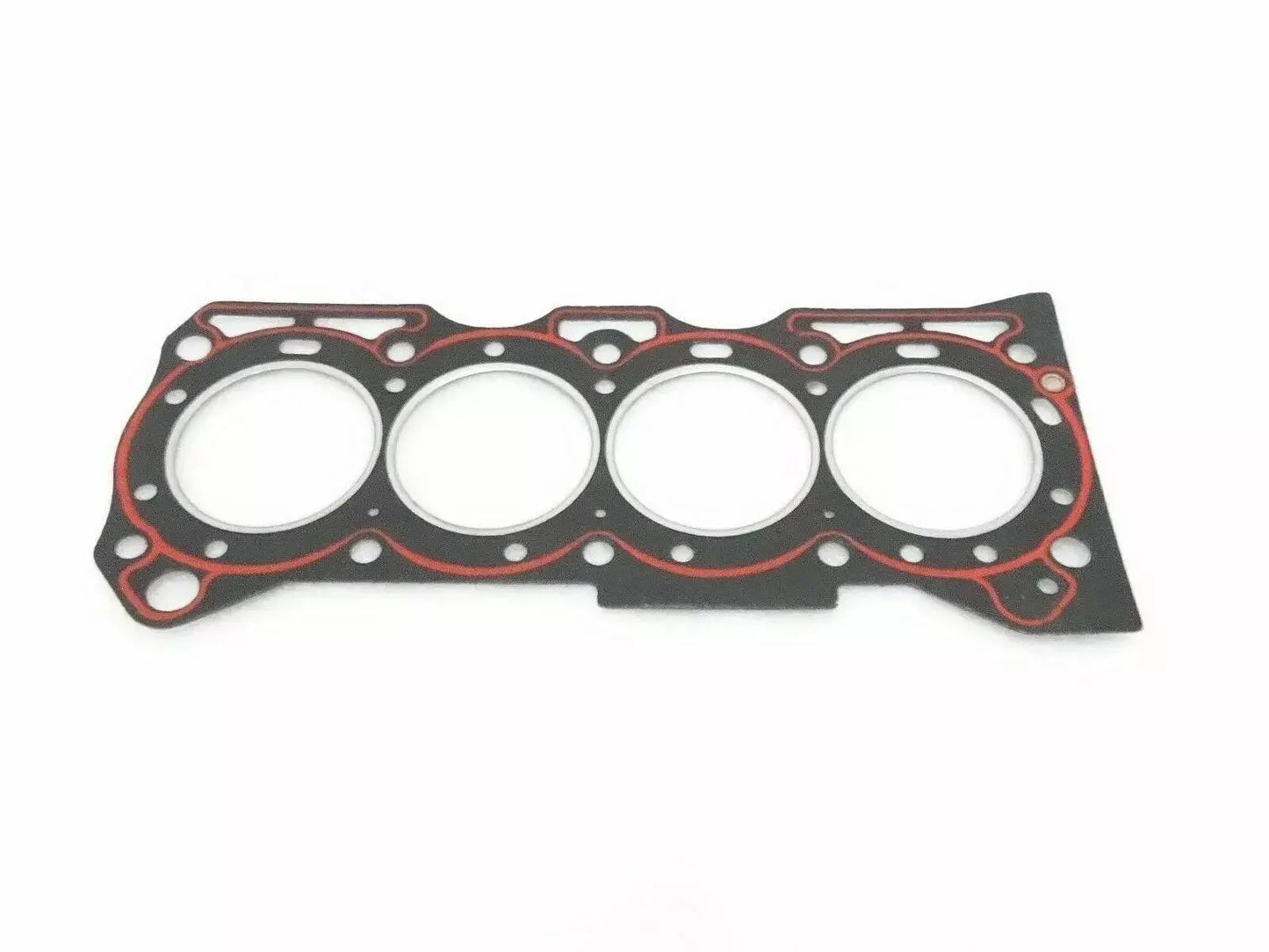 Engine head gasket with four cylinder cutouts, black with red seal rings