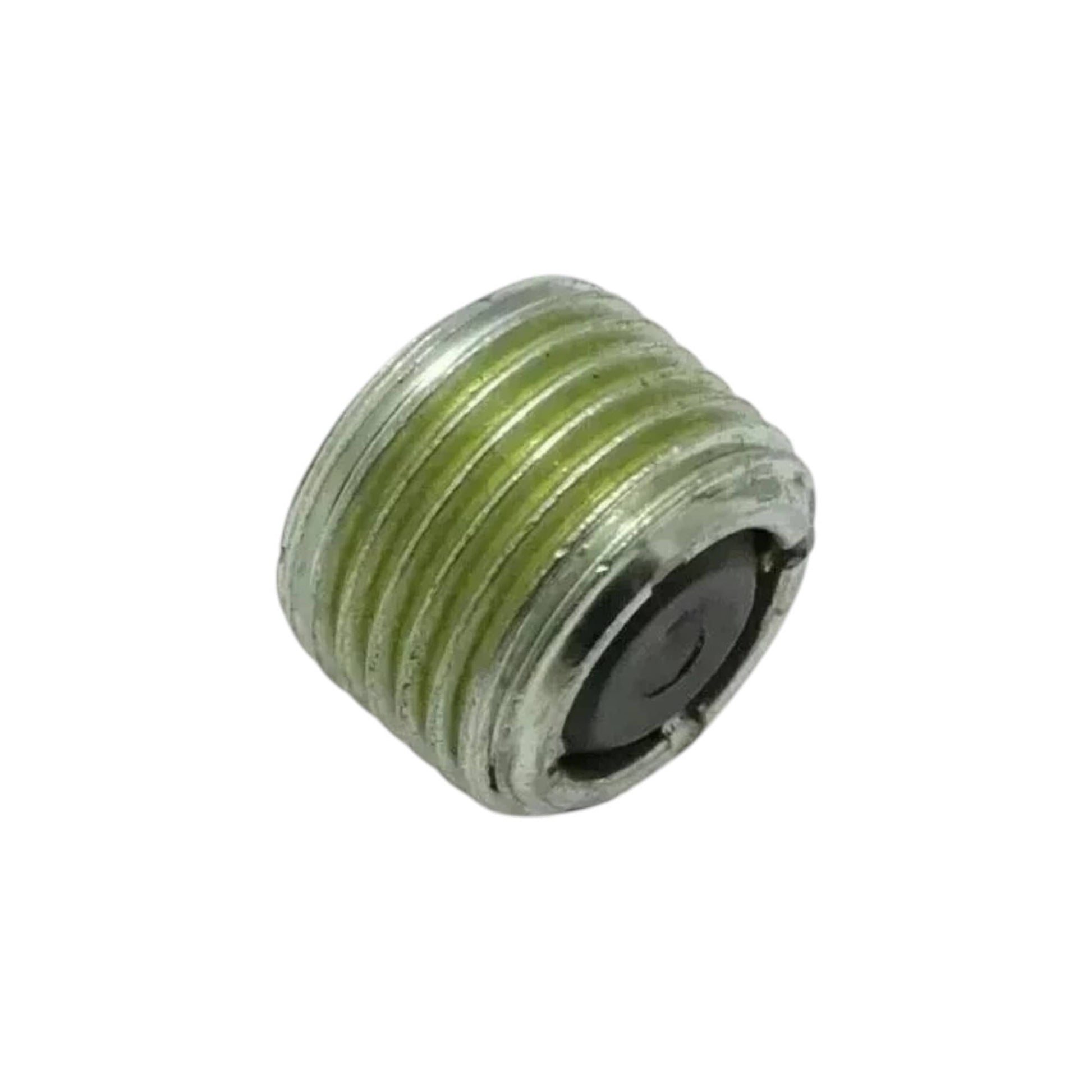 Oil drain plug with green-tinted threads and dark hex opening, silver rim