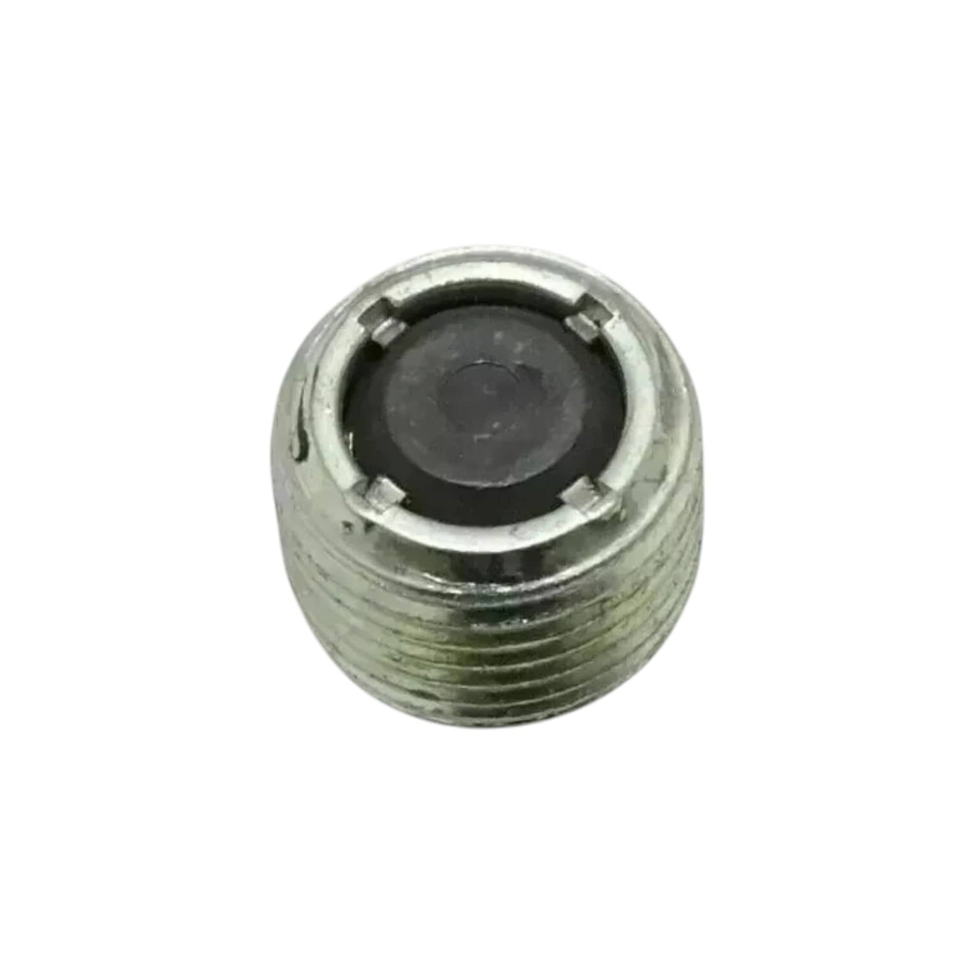 Oil drain plug with black sealing surface, hex drive opening, metal threads