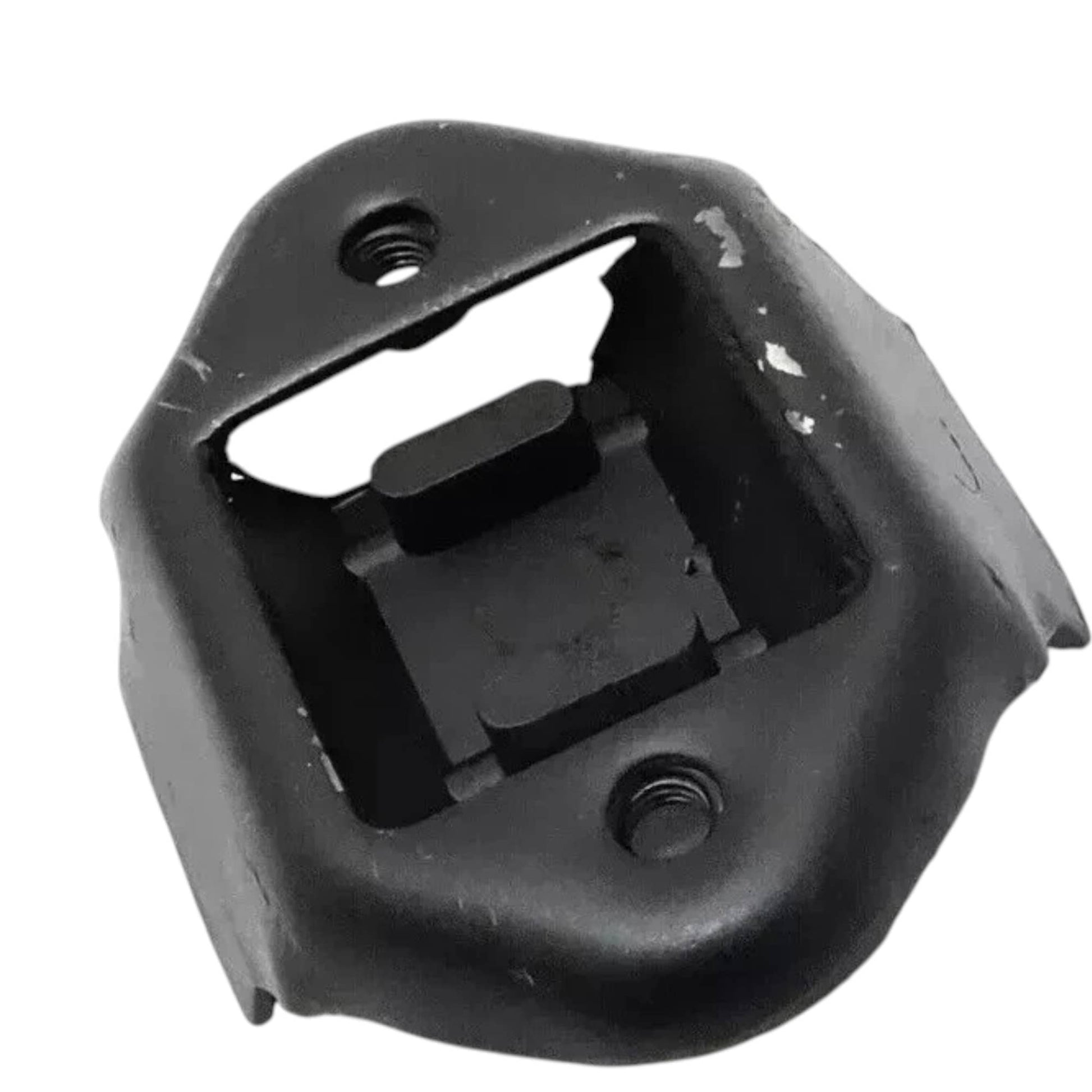 Engine rear transmission mount with open center cavity and two threaded bolt holes