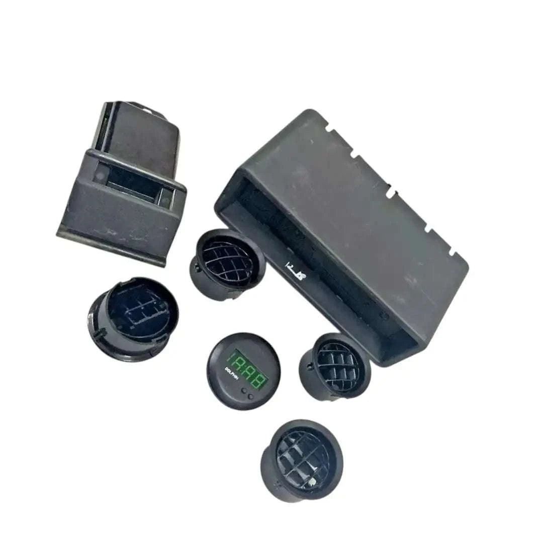 Gypsy dashboard kit with digital display and multiple black circular vents for vehicle installation and use