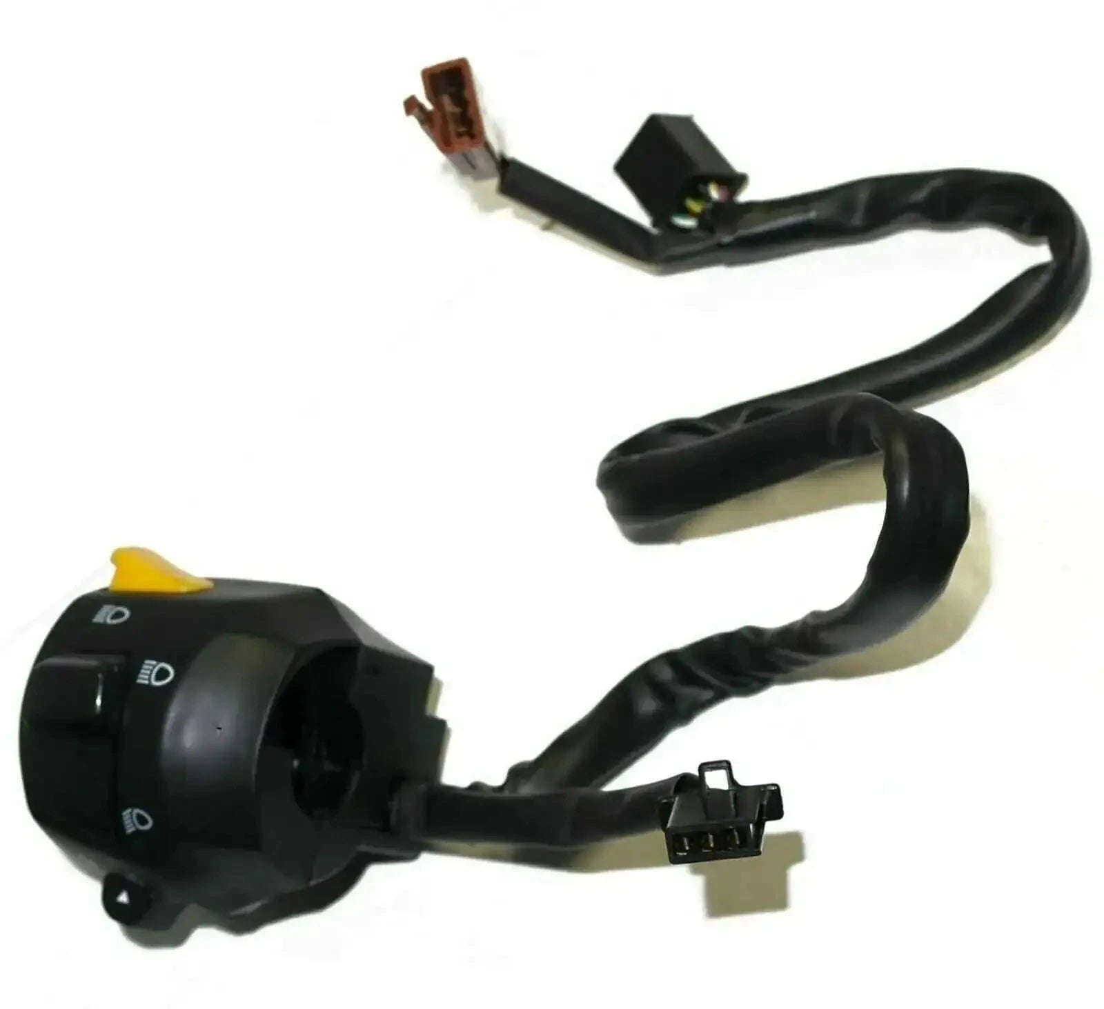 Left-hand motorcycle switch module with black wiring harness and amber indicator