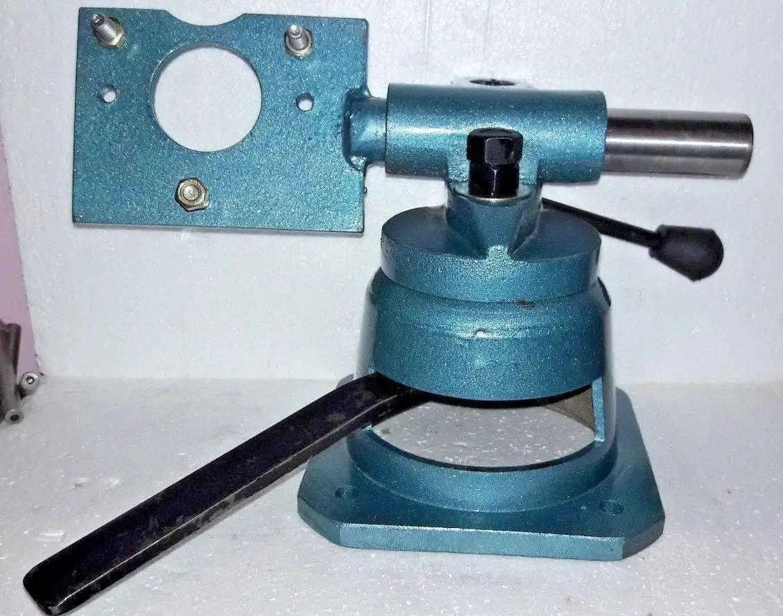Blue metal swivel vise base with rotary clamp head and lever arm