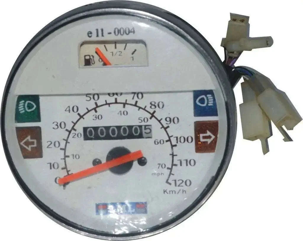Motorcycle speedometer gauge with white face and red needle, black outer bezel