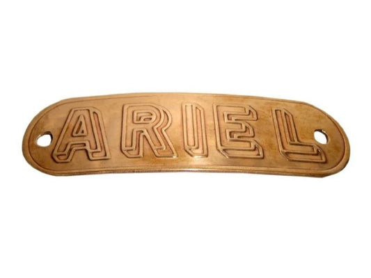 Ariel tank badge, bronze oval plate with embossed ARIEL letters and mounting holes