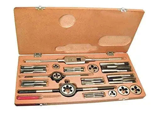 Comprehensive die and tap set in wooden case, includes various sizes for threading projects.