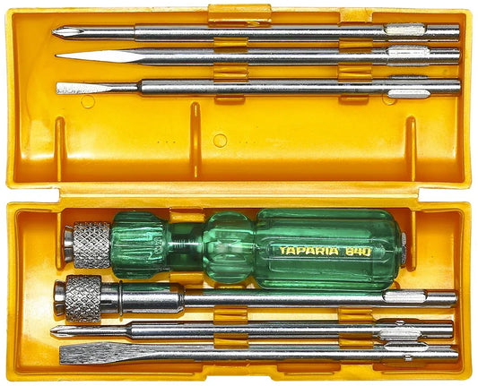 Screwdriver set in yellow case with green neon-tipped drivers and metal bits