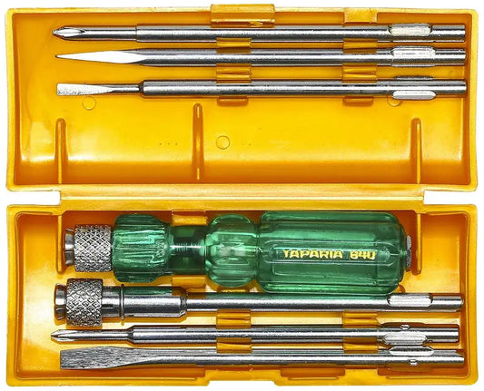 840 screwdriver set with neon bulb, includes various sizes and types for diverse applications
