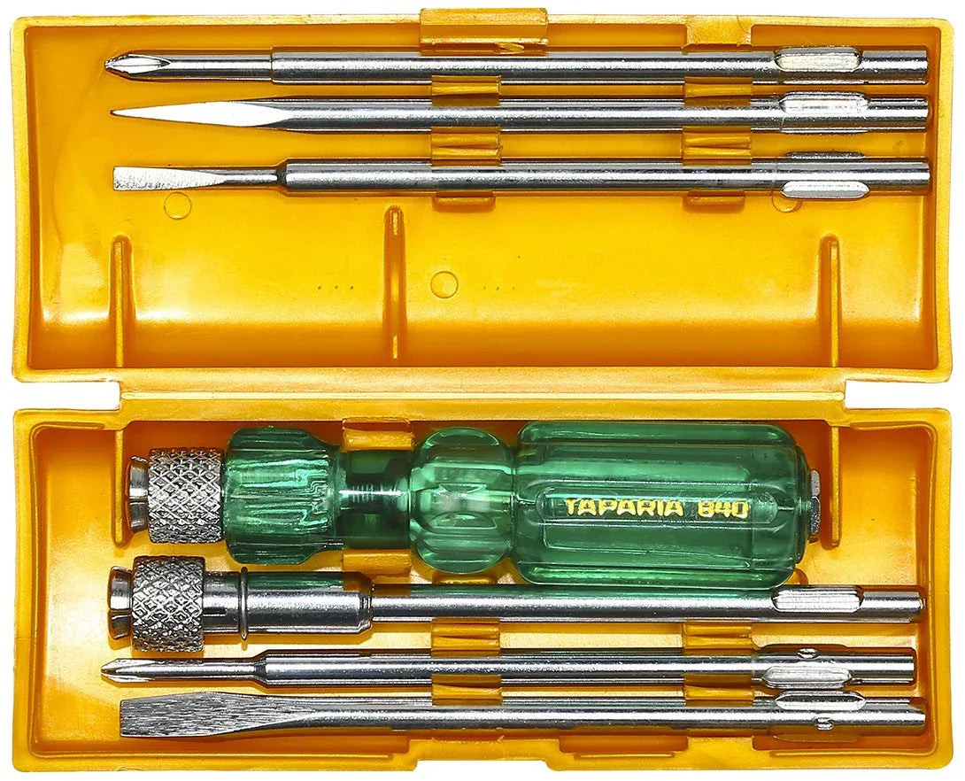 Screwdriver set with green neon bulb, chrome tips, in yellow storage case.