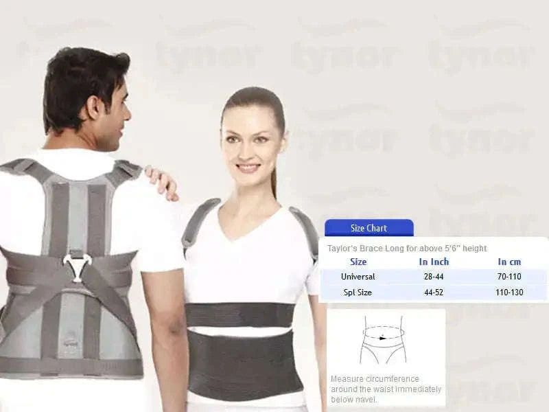 Short back support brace with gray and black fabric, front-worn with adjustable straps