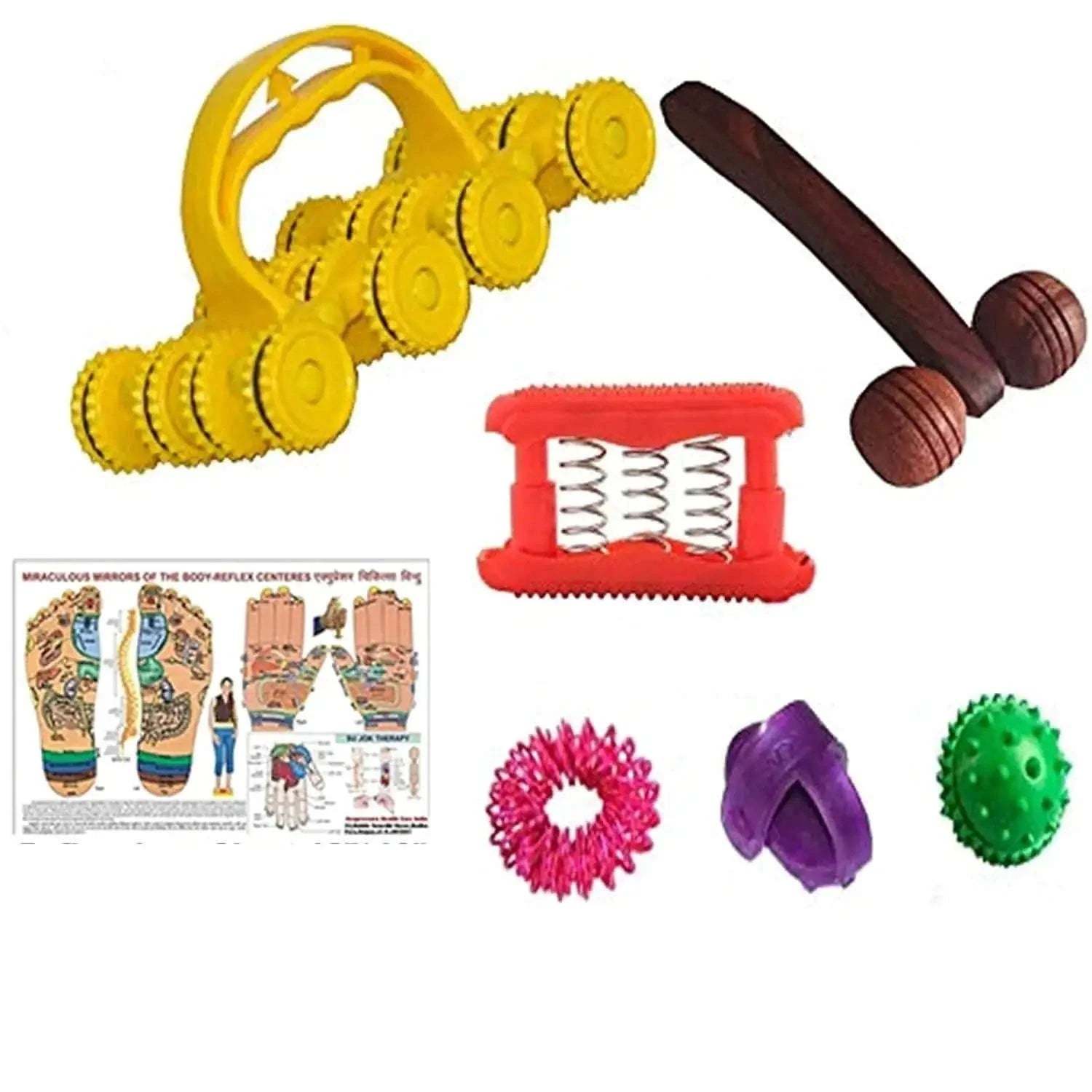 Massage tool set: yellow spiked roller, red spring roller, spiky ball, purple roller, green ball