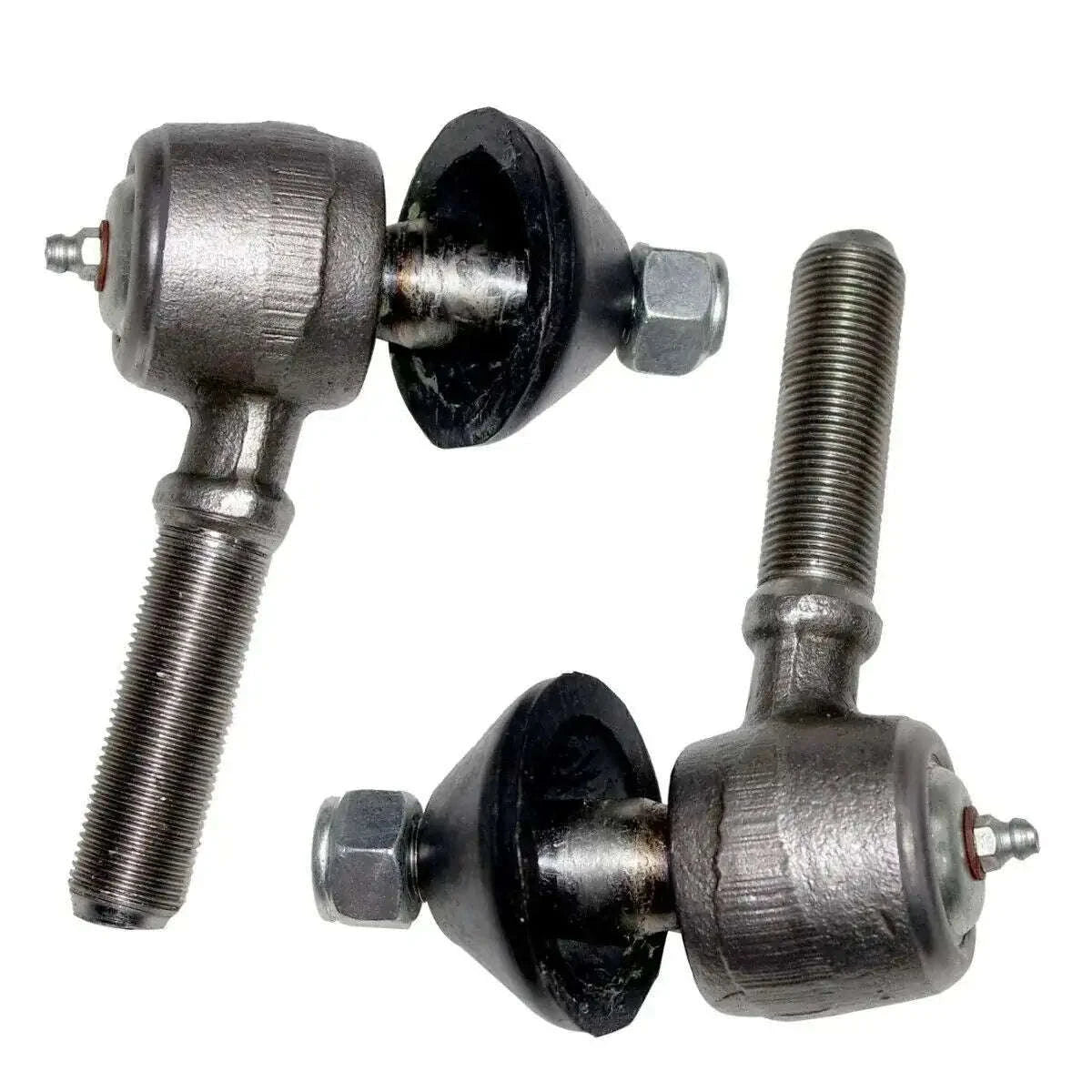 Steel tie rod end set with black boots and threaded bolts